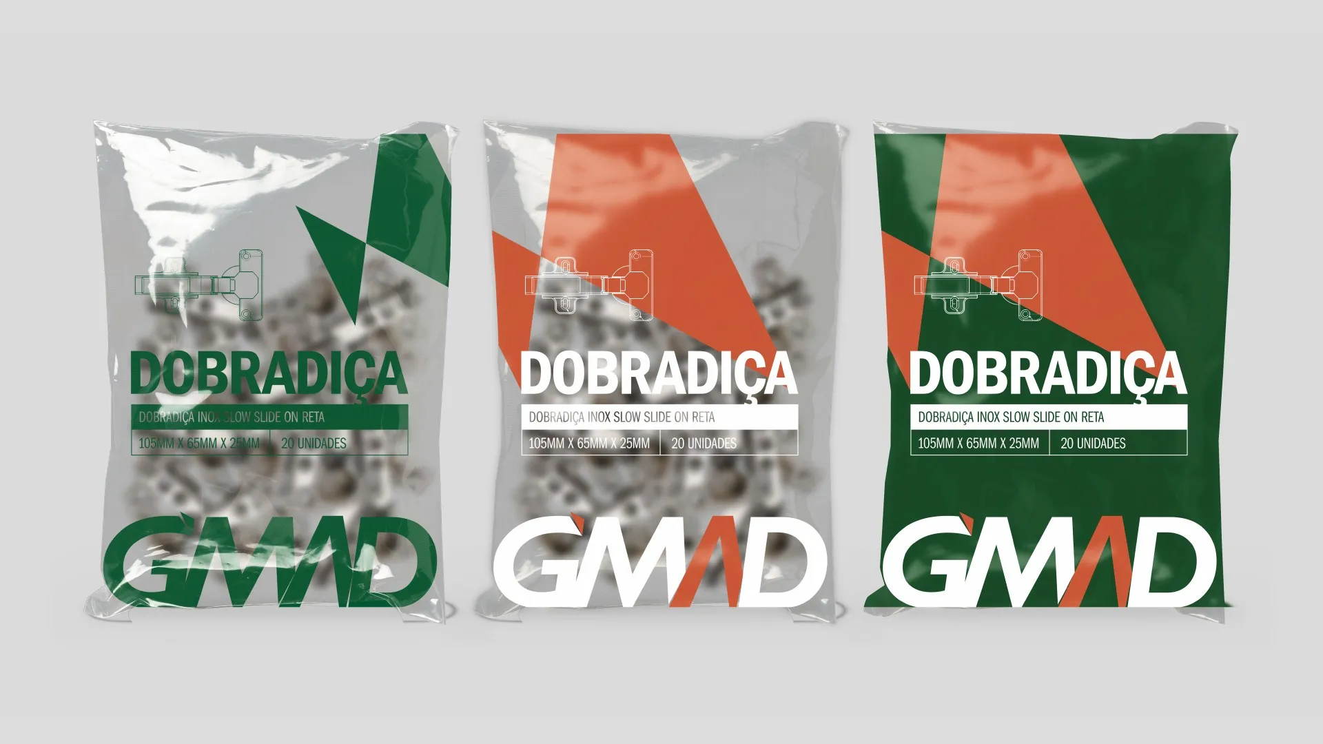 Dobradiças em embalagem flexível transparente.