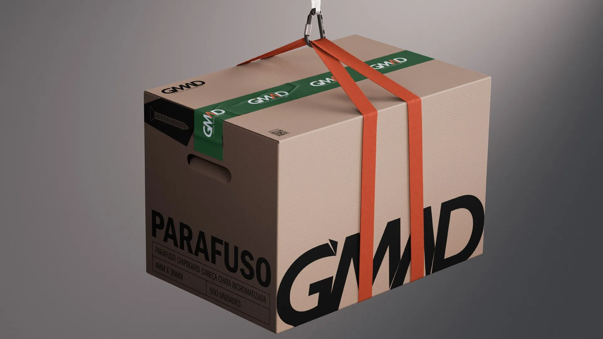 Caixa de papelão e fita com a marca.