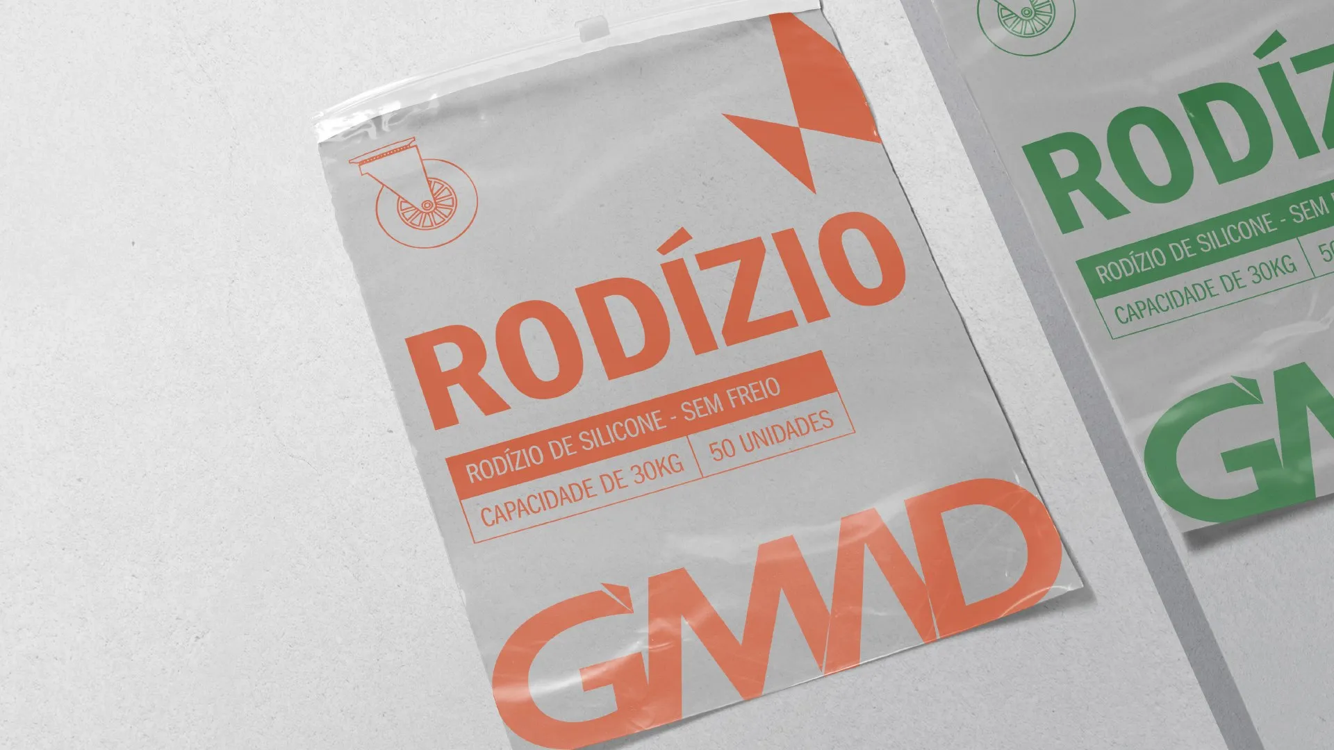 Rodízios em embalagem flexível.